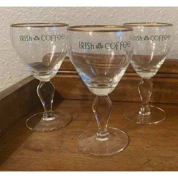 Vintage Irish Coffee Glasses Wine Goblets Style Shamrock Gold Rim Set Of 3