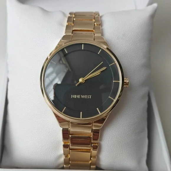 Nine West Womens Gold-Tone Bracelet Watch Black Dial Minimalist‎ New With Tags