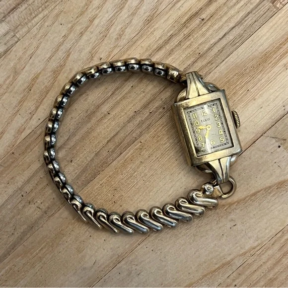 Elgin 10K Gold Ladies Watch Rare Vintage Mechanical Silver Dial Stretch Bracelet