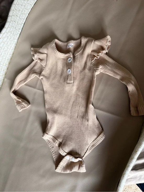 2 for $10 Ribbed Long-Sleeve One-Piece Bodysuit in Light Beige