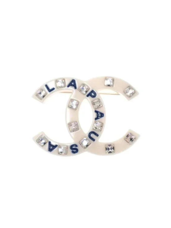 Chanel Resort la Pausa Rhinestone CC Logo Brooch 19 White