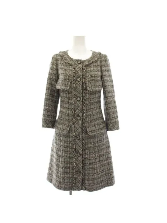 Chanel Coat Long Tweed CC Logo Coco Button 34 Gray KH