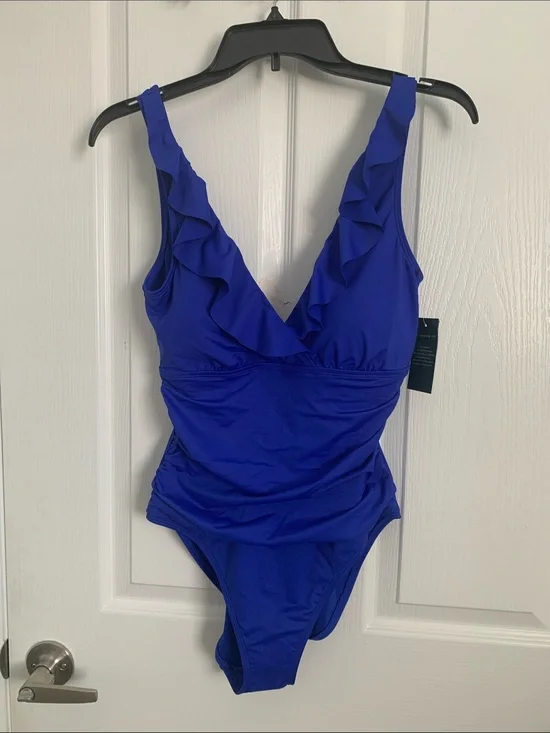# 5/13 Lauren Ralph Lauren Royal Blue Ruffle V-Neck One-Piece Swimsuit - Kids