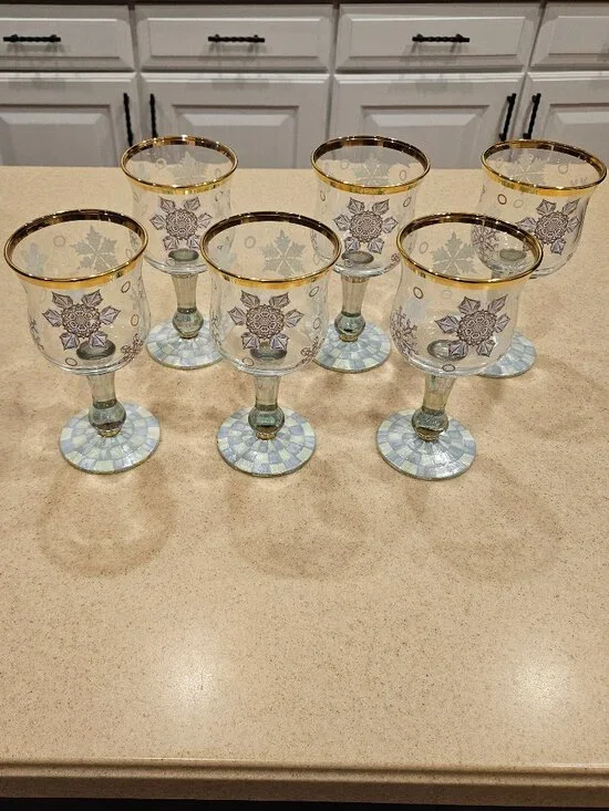 6 RARE MACKENZIE CHILDS CHRISTMAS SNOWFALL SNOWFLAKE GOLD WINE BAR GLASS GOBLET