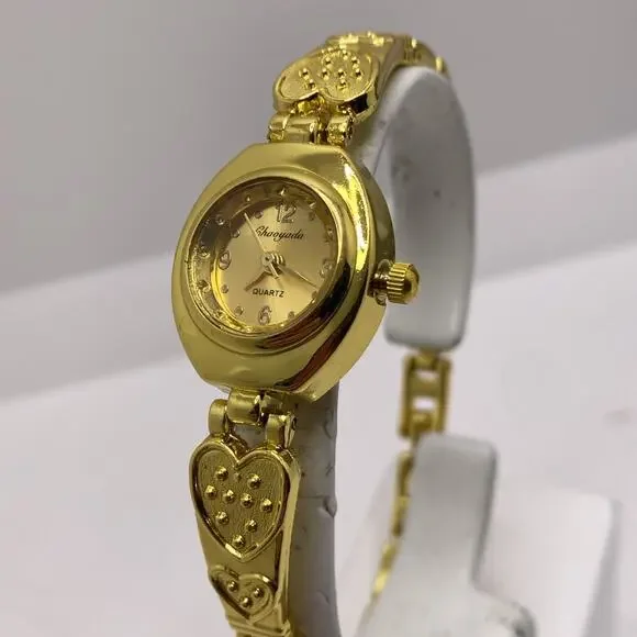 Womens Gold Tone Hearts Quartz Fashion Watch New New Battery