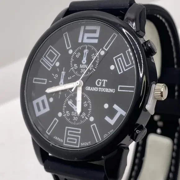GT Mens Racing Style Rugged Rubber Black Watch New Battery