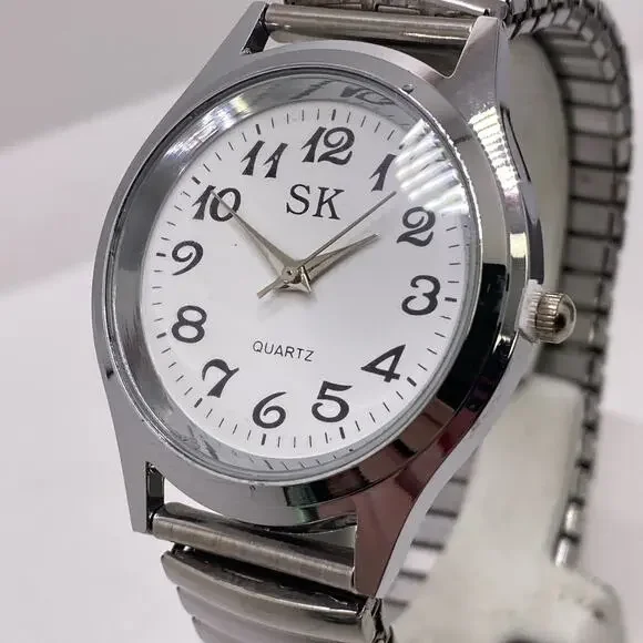 SK Mens Silver Tone Stretch Watch Quartz Works New Battery