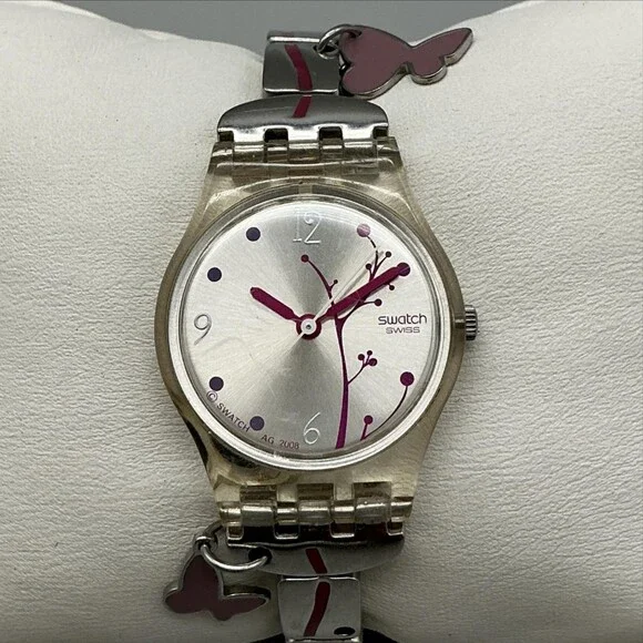 Swatch Butterfly 2009 Womens Watch 25mm Silver Tone Pink Charm New Battery 6.75
