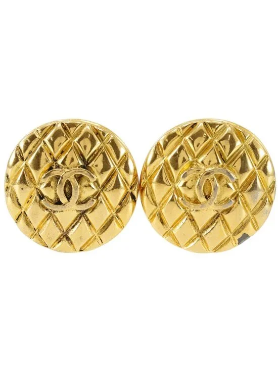 Chanel CC Logo Quilted Vintage Gold Plated 25 Earrings