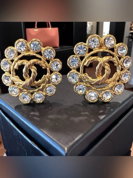 CHANEL Gold-tone Crystal CC Statement Clip-On Earrings