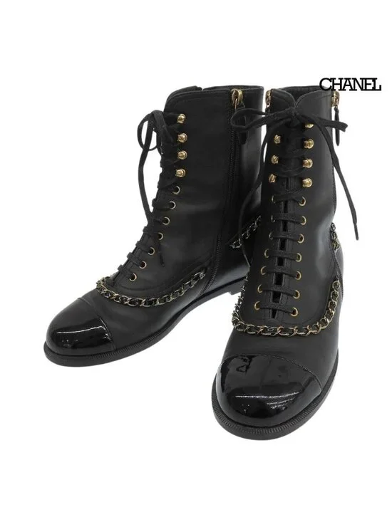 Chanel CC Logo Leather Short Boots Chain Double Zip Lace Up 37 Black