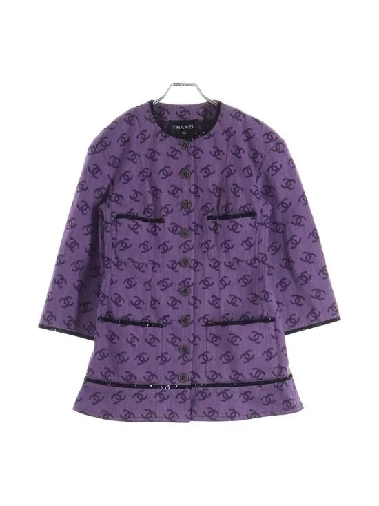Chanel CC Logo Collarless Jacket Purple Cotton 36