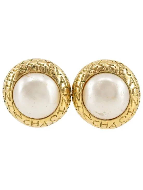 Chanel Logo Vintage Gold Plated Faux Pearl Earrings