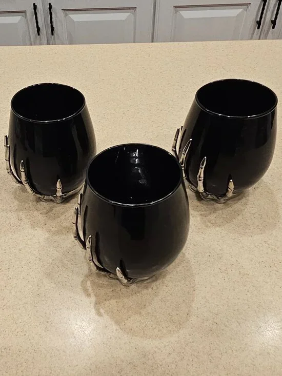 3 SPOOKY METAL SKULL SKELETON HAND BLACK STEMLESS WINE WATER BAR GLASS GOBLET