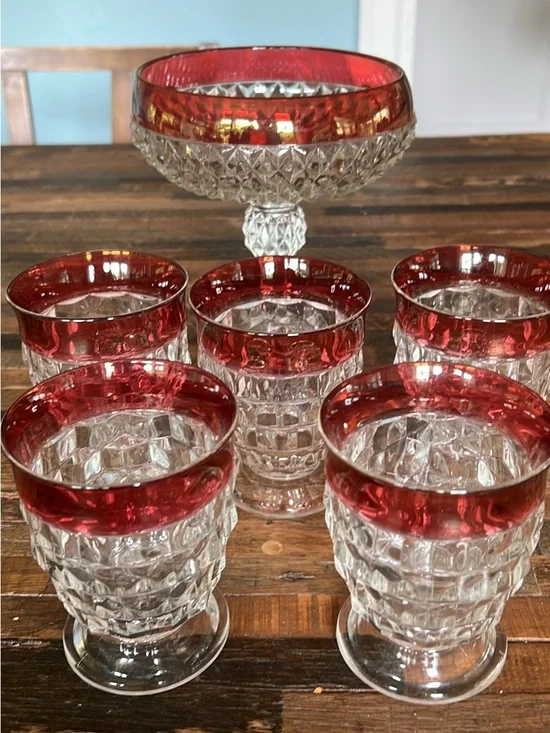 Cut Crystal Dessert Set with Ruby Red Rim - 6 Sherbets + Compote