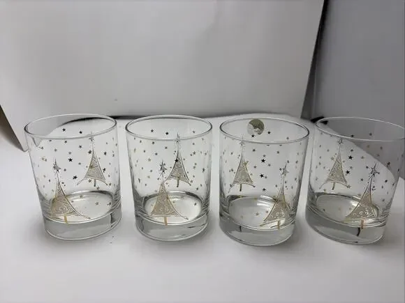 Vintage Georges Briard Gold 14 Oz Christmas Tree Drink Glasses Set Of 4