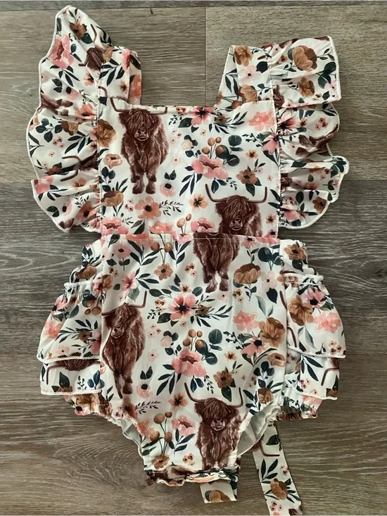 Floral & Highland Cow Ruffle Baby Romper