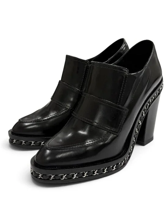 Chanel Leather Loafers Bootie with CC Logo Chain Black Silver 36.5 Boot