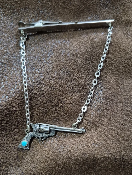 Vintage,Colt 45, Silver-tone Western Revolver Tie Bar with Turquoise 940 Silver.