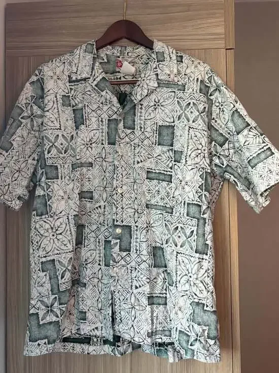 Vintage Hilo Hattie The Hawaiian Original Shirt Green Tapa Block Print Men's XL