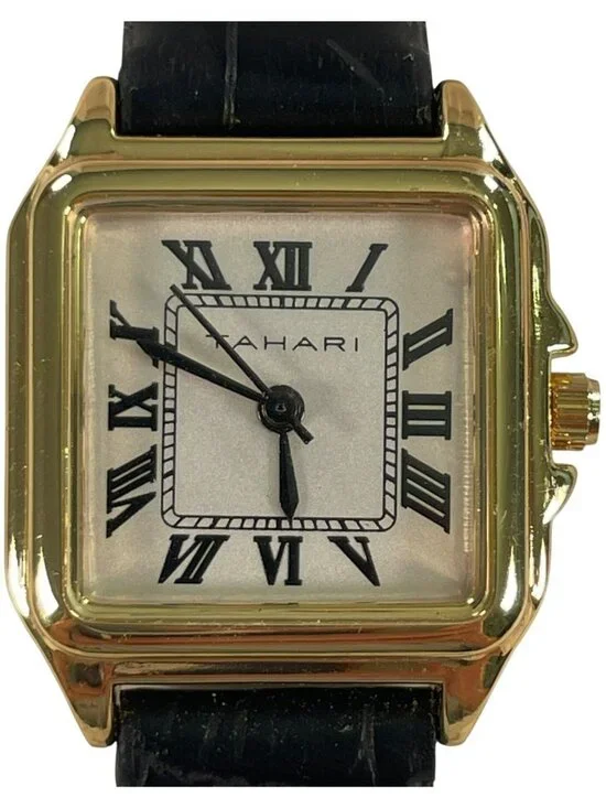 Tahari Gold-Tone Square Face Watch Black Leather Strap Women's TAH3281NX NEW