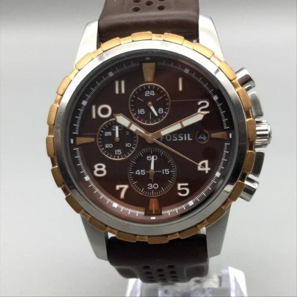 Fossil Mens Watch 45mm Brown Dial Silicone Chronograph Date FS-4612 New Battery