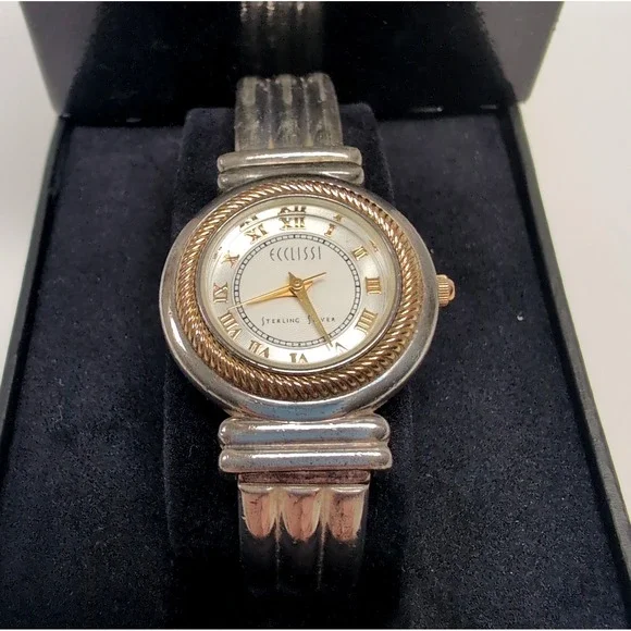 Ecclissi 55g Sterling Silver 925 Bracelet Watch Gold Rope Bezel New Battery Box