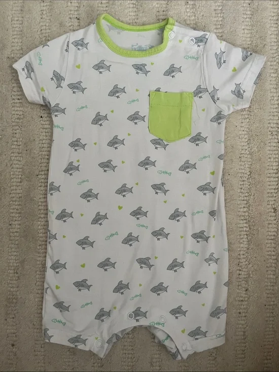 Coco Moon White & Lime Shark Pocket Baby One-Piece Bodysuit