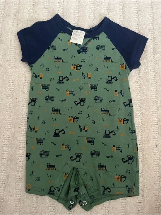 First Impressions Green and Navy Construction Print One-Piece Bodysuit