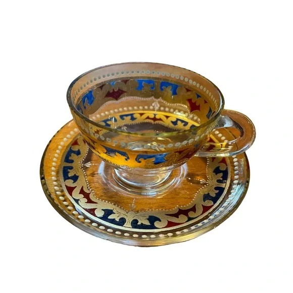 Vintage Murano Teacup Saucer Set Amber Gold Hand Painted Venetian Glass Italy