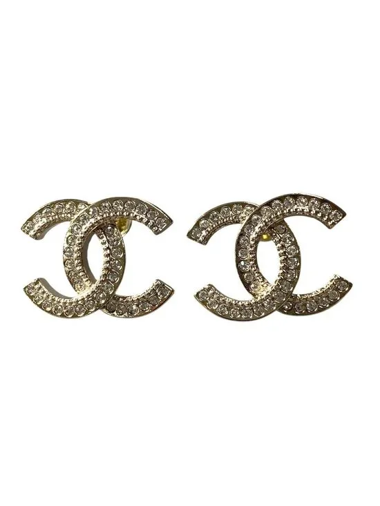 Chanel H2 CC Logo Rhinestone Earrings Gold