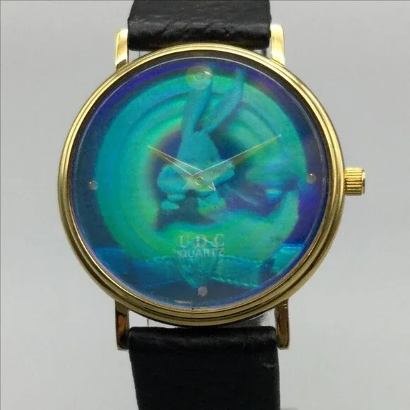 Vintage UDC Womens Watch 32mm Hologram Bugs Bunny Dial Black Leather New Battery