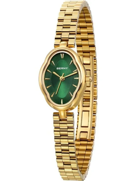 Womens Gold Green Vintage Copper Mirrors Shape Dainty Ladies Quartz Luxury Watch