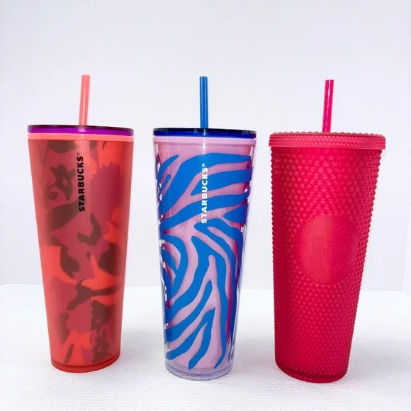 Starbucks Venti 24oz Cold Cup Tumbler Bundle Pink Studded Zebra Camo Set of 3