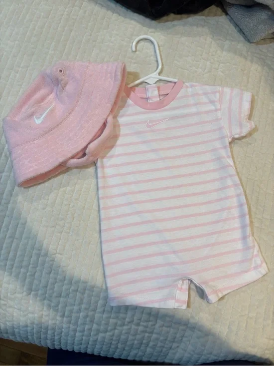 Nike Baby Striped Romper and Matching Pink Bucket Hat