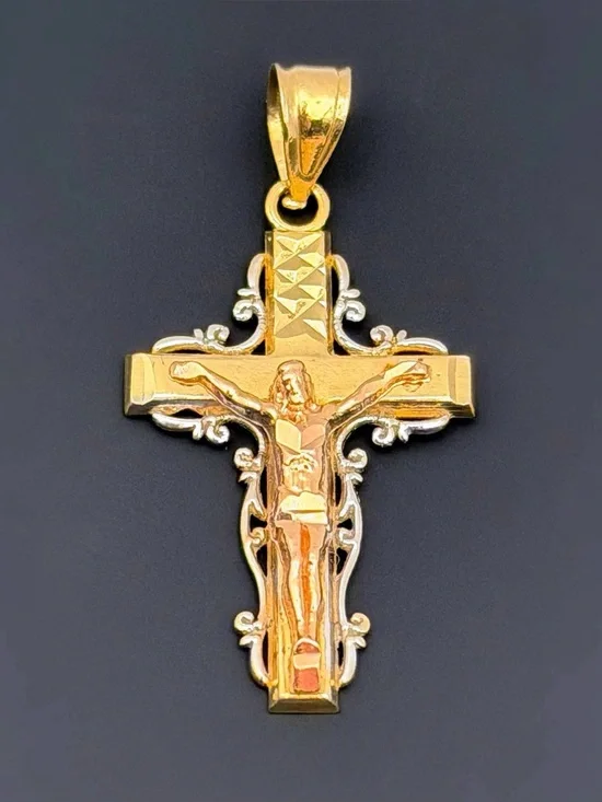 14k Solid Yellow Rose White Gold Three Tone Cross Diamond Cut Religious Charm Pe