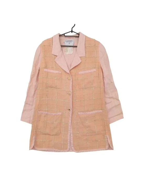 Chanel Tailored Jacket Linen Checker Tweed Outer CC Logo Button Shoulder