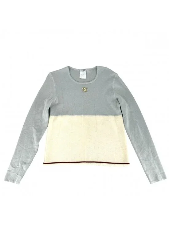Chanel Top CC Logo Sweatshirt 50 Gray Ivory Gold Wool Spring Autumn Winter