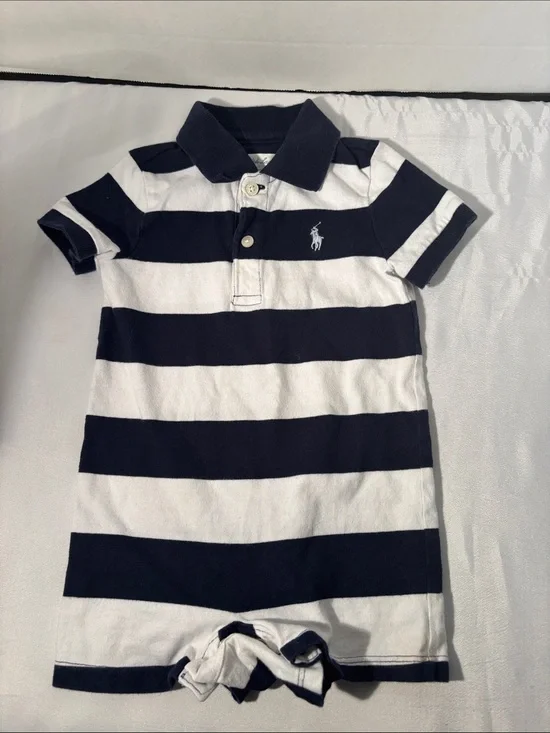 Polo by Ralph Lauren Navy & White Striped Baby Polo Romper