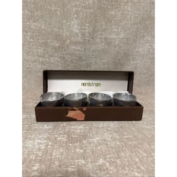 Vintage 80's Nordstrom Set Of 4 Pewter Shot Glasses in Brown Gift Box Silver
