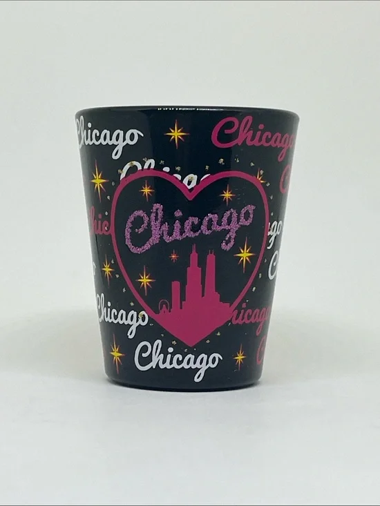 Chicago Heart Skyline Shot Glass — Black & Pink