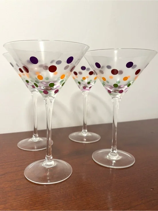 Pampered Chef Set of 4 Polka Dot Martini Glasses - Multicolor Dots BRAND NEW