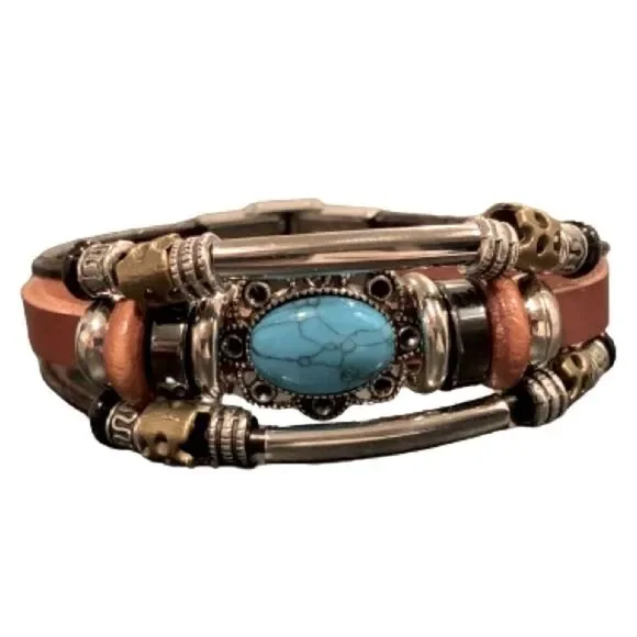 Men’s Western Multi-Strand Bracelet - Silver Tone with Faux Turquoise