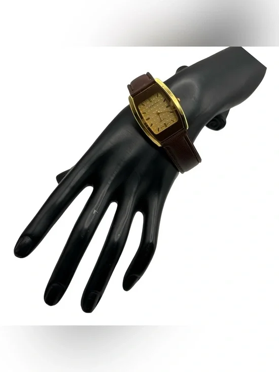 Vintage Geneva Women’s Quartz Watch Gold Tone Rectangular Barrel Brown Leather