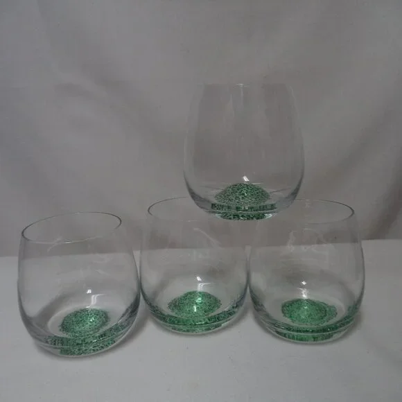 Crackle Glitter Green stemless Wine Cocktail Glass Set 4