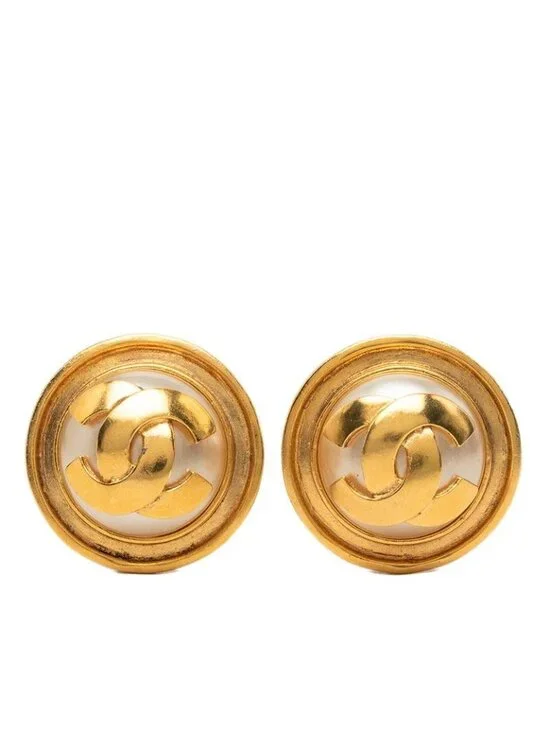 Chanel CC Logo Vintage Round Earrings Gold Plated Faux Pearl