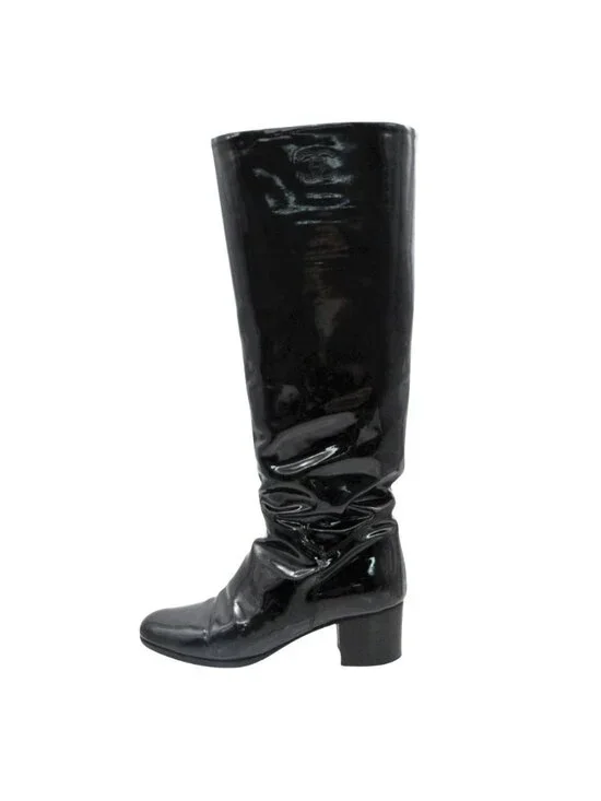 Chanel Boots Long Enamel Patent Leather CC Logo Shoes Black