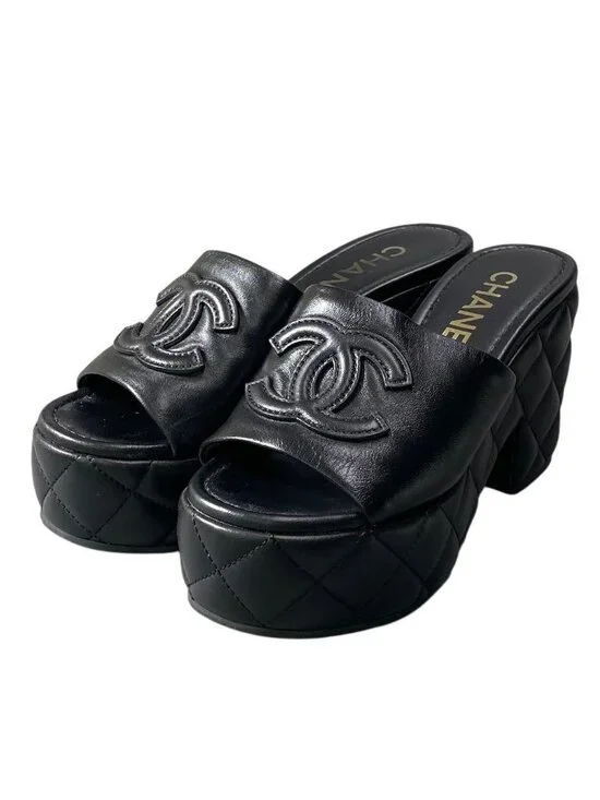 Chanel H2 Medietar Platform Sandals 36 Sizes Black Leather