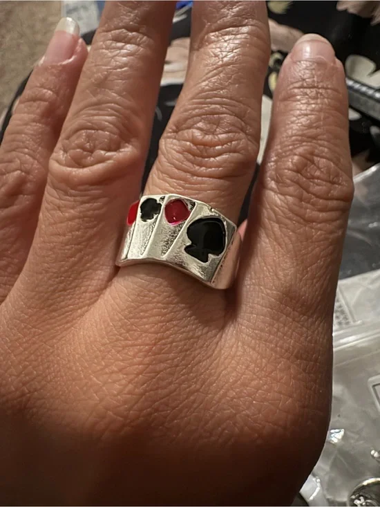 Silver Tone Men's Card-Suit Accent Ring with Black and Red Inlay