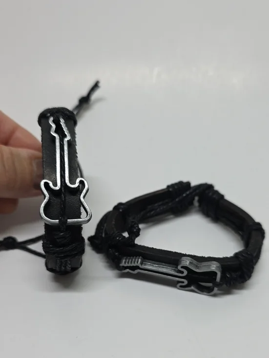 NWOT Lot of 2 Silvertone Guitars Black Faux Leather Adjustable Bracelets Mens